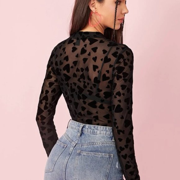 Mock Neck Sheer Velvet Heart Bodysuit - Picture 3 of 3
